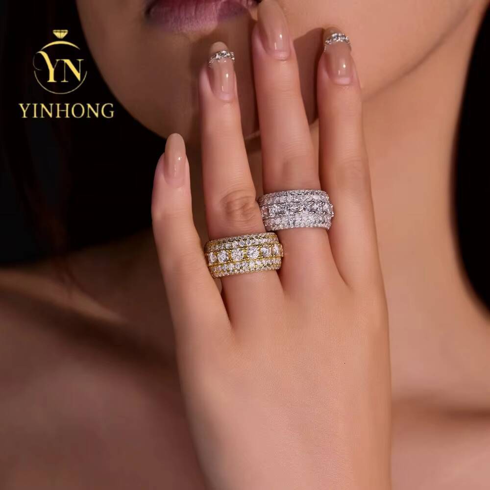 Hip Hop Iced Out 5 Rows Vvs Moissanite 925 Silver Dazzling Sparkly Eternity Band Ring for Men