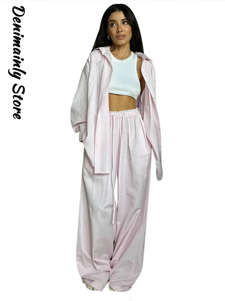 Casual Striped Lace Patchwork Pants Set Women Shoulder Down Long Sleeve Shirt Tie Up Trousers 2025 Summer Chic Lady 2 Piece Set 250811