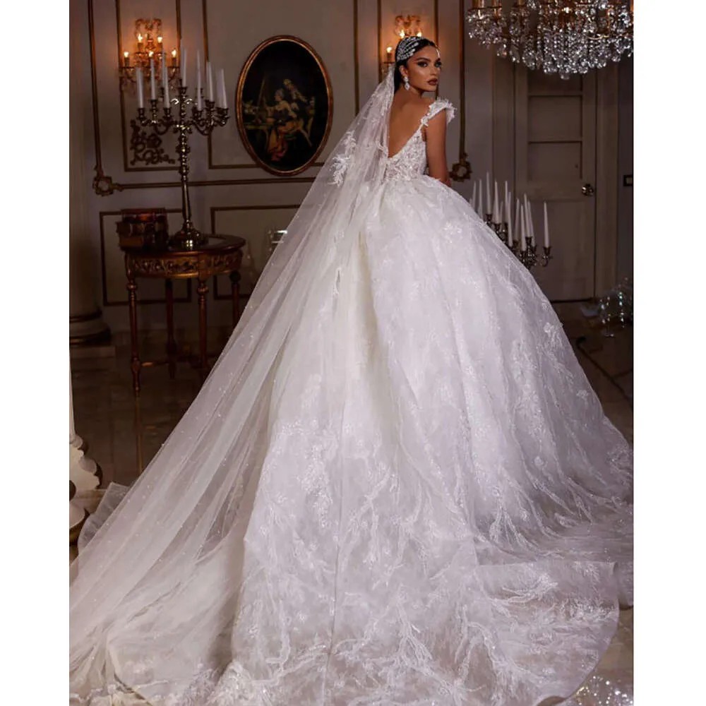 Luxury Princess One Shoulder Ball Gown Wedding Dress Lace Pearls Beaded Floral Sheer Neck White Bridal Gown Vestido De Novia