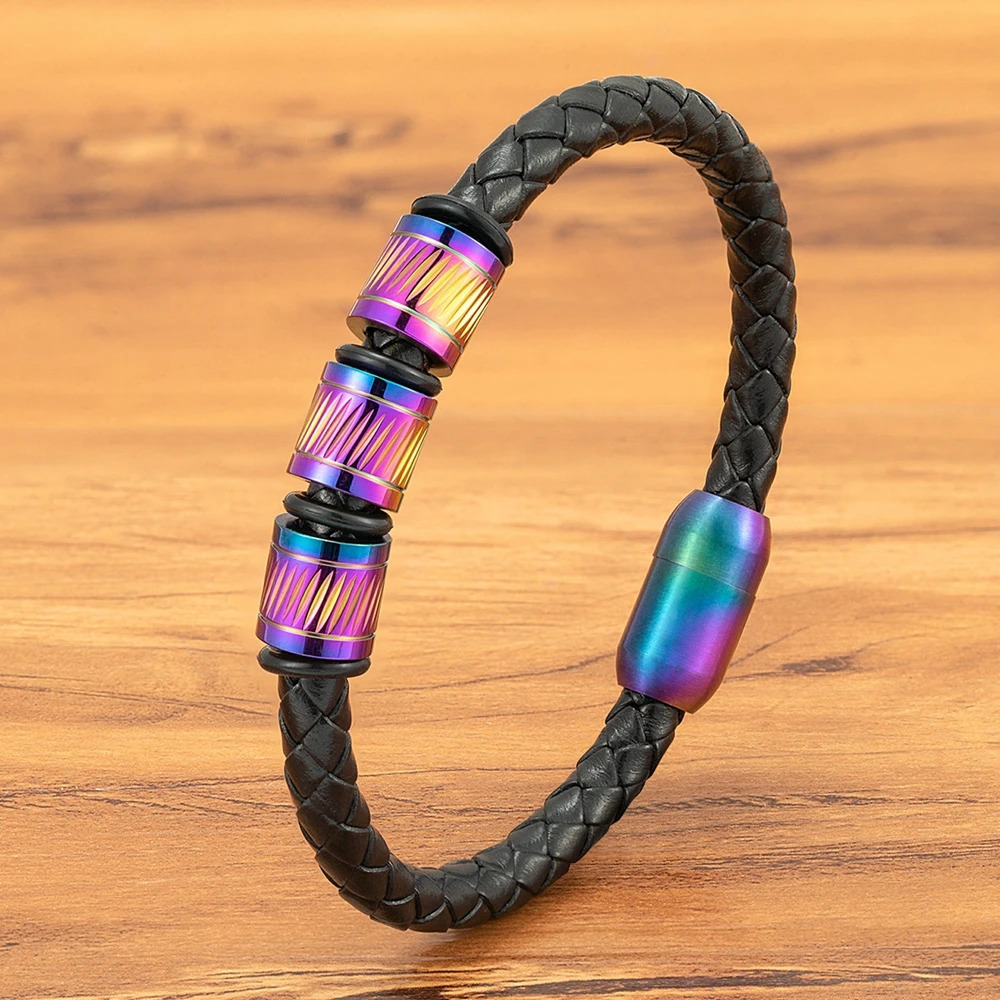 TYO Hiphop Rock Shiny Cool 4 Colors Stainless Steel Button Weave Genuine Leather Men Bracelets Bead Retro Bangle Accessory Gift 250811