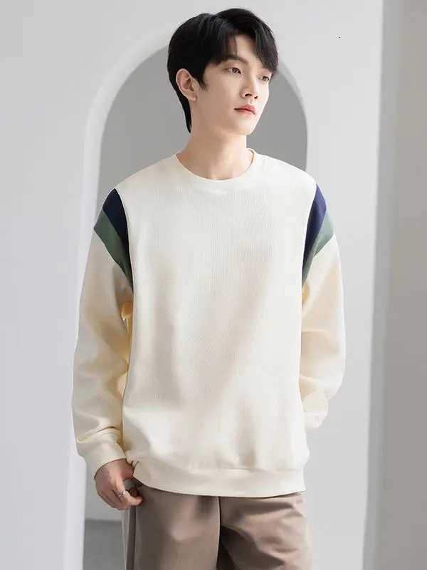 Color Block Mens Casual Hoodie Spring Autumn New Heavyweight Long Sleeve T-Shirt Mens Round Neck Top Y250811