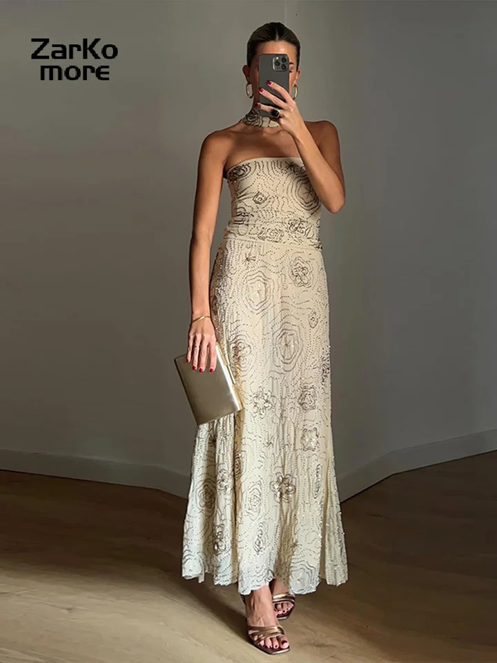 Sexy Beaded Strapless Vest Pants Sets Women Slim Backless Cropped Top Straight Trousers 2025 Summer Autumn Lady Outfits 250811