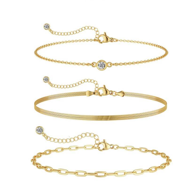 3pcs 14K Gold Plated STAINLESS Waterproof Bracelet Sets for Women Girls Snake Chain Cuban Link Cuff Bangle Stackable Bracelets