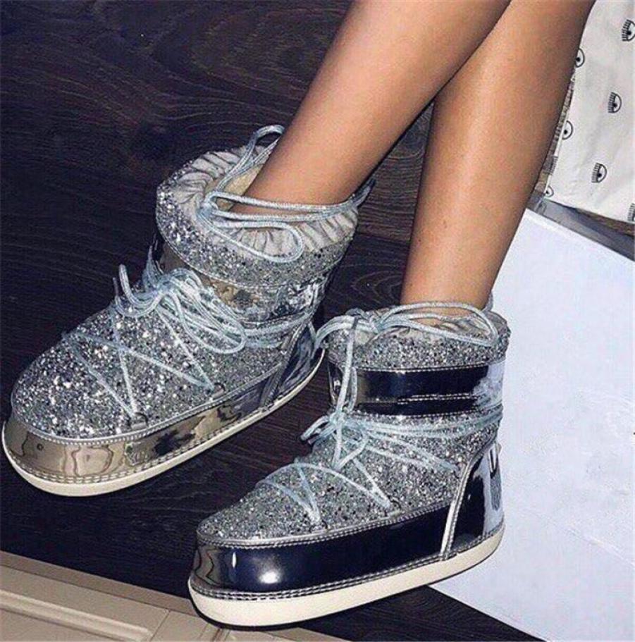 Women's Winter Golden Glitter Sequin Snow Boots Shoe with Faux Hair Boat for Female Bottine Femme Botine Moon Free Shipping6042929