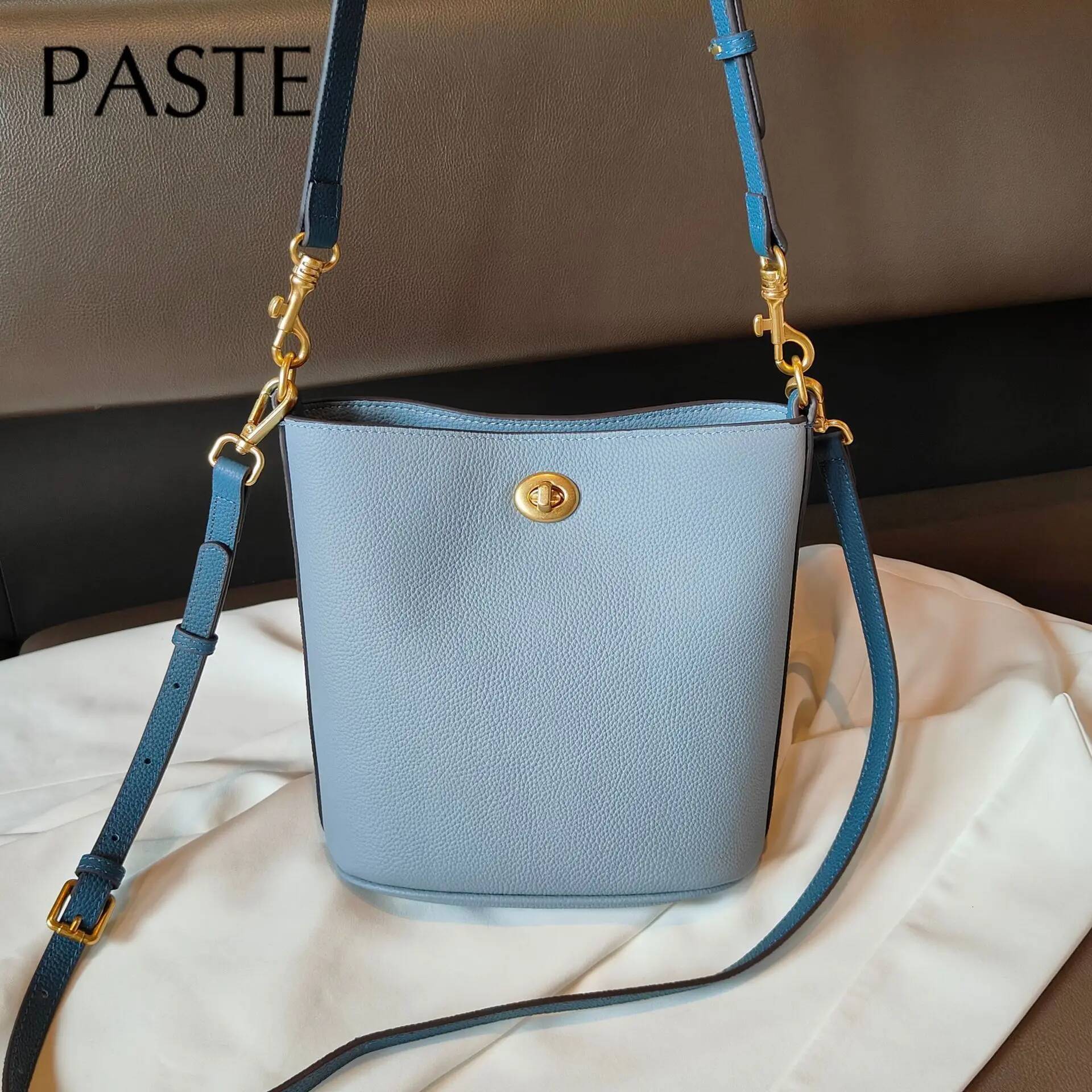 Fashion Brand Designer Lock Bucket Tote Small Real Cow Leather Women Crossbody Shoulder Bag Pink Blue Summer Daily Handbag high-quality