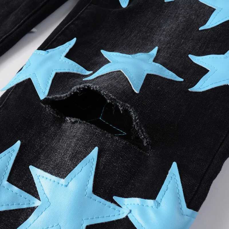 Men Sky Blue Leather Stars Patches Jeans Streetwear Black Stretch Denim Skinny Tapered Pants with Holes Ripped Trousers X250812
