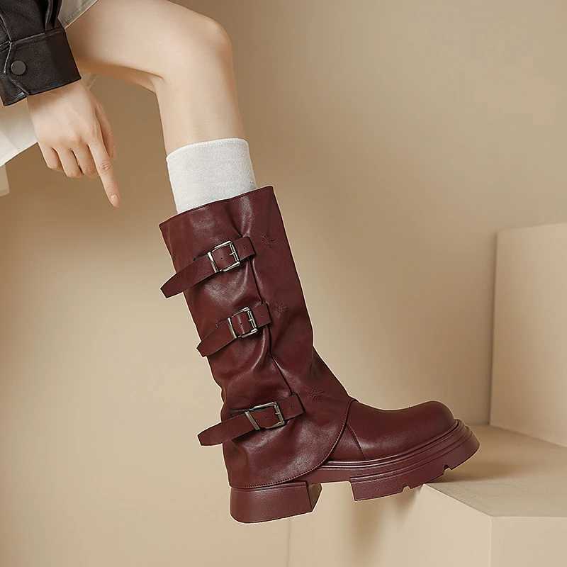 Round Toe Belt Buckle Wen Boots Fion Flat Sole Mid Calf Autumn Niche Design Patent Leather Solid Wen Shoes New Arrivals Y250812