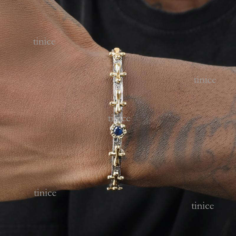 Retro Cross Bracelet 925 Sterling Silver Chain Authentic Cross for Men and Women Hip Hop Personality Adjustable Open Bracelet