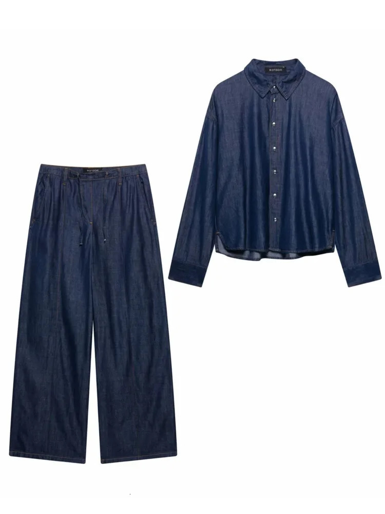 VTKW High-quality Elegant 2025 Spring Womens Blazer - Denim Shirt High-waisted Wide-leg Pants - Stylish Two-piece Set 250808