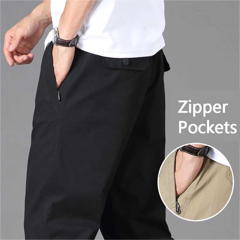 2023 Summer Autumn Mens Casual Pants with Zipper Pockets Cotton High Quality Stretchable Waist Sports Work Utility Trousers W250812