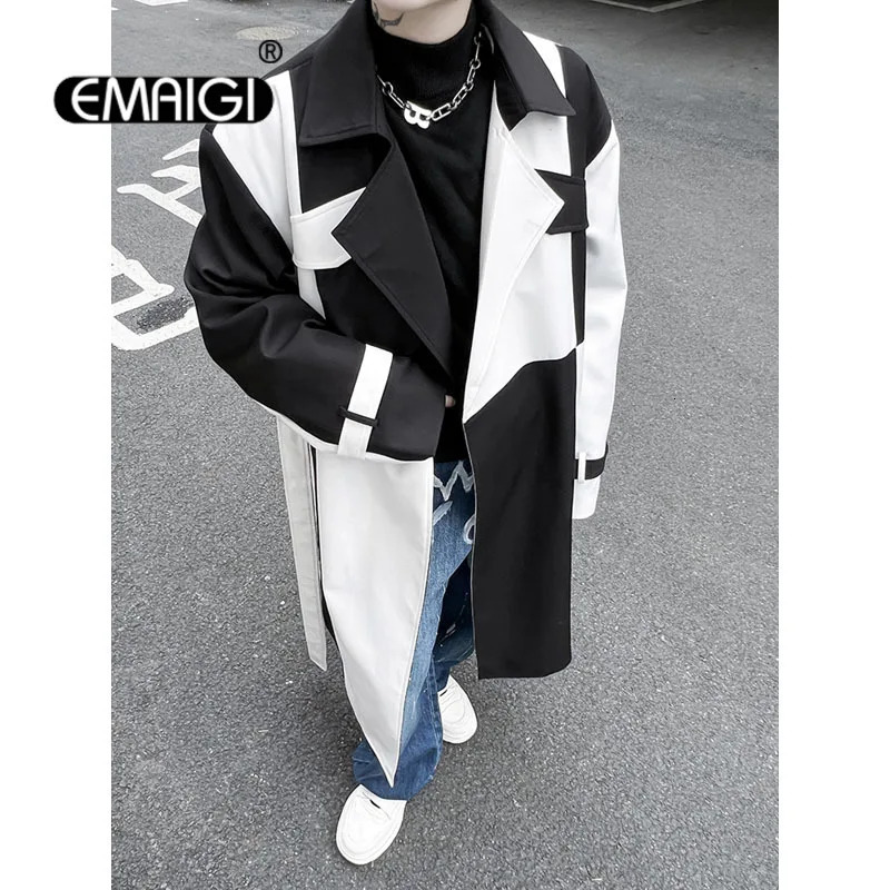 Mens Net Celebrity Streetwear Fashion Black White Splice Loose Casual Long Jacket Windbreaker Trench Coat Male Stage Clothing 250805