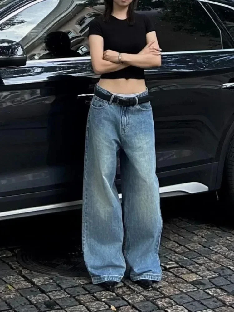Vintage Aesthetic Emo Loose Washed Pants Summer Womens Casual Blue Harajuku Jeans Y2K Wide Leg Punk Baggy Denim Trouser 250811