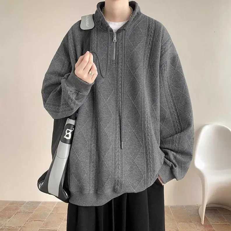 American Retro Zip-Up Collar Jacquard Sweatshirt Mens Winter Plush Oversized Couple Coat Y250811