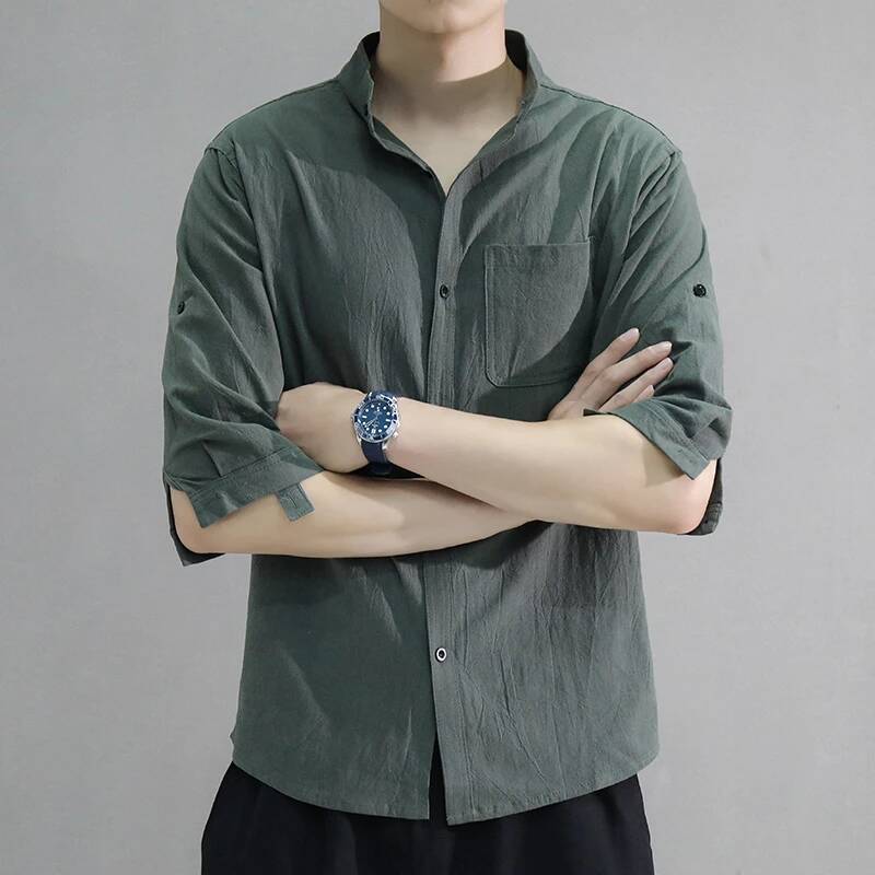 2025 Solid Color 3/4 Sleeves Spring Loose Stand Collar Male Office Buttons Placket Men Over Shirt for Work ddmymarket