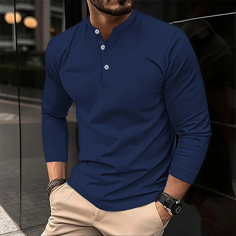 2025 Mens Summer Long Sleeve Henry Polo Casual Breathable Comfortable Polo Shirt Solid High Quality Male T-Shirt Drop 250811