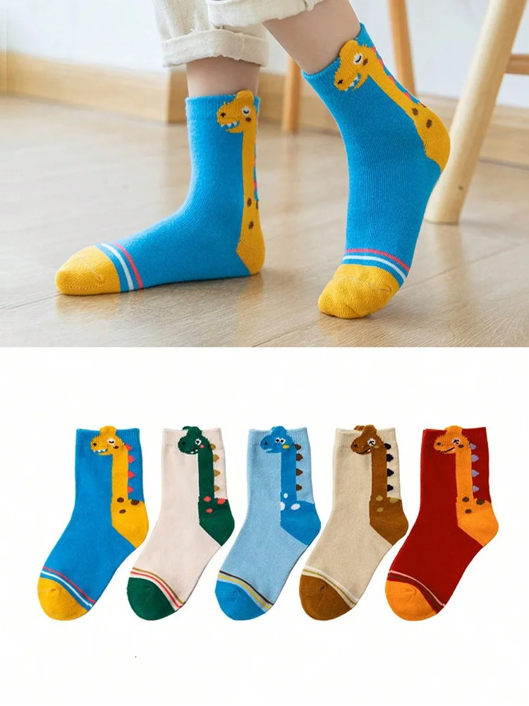 5 Pairs of Fourseason Kidsrens Socks for Spring Fall Seasons Cartoon Neck Dragon Dinosaur Boys and Girls Midcalf Baby 250812