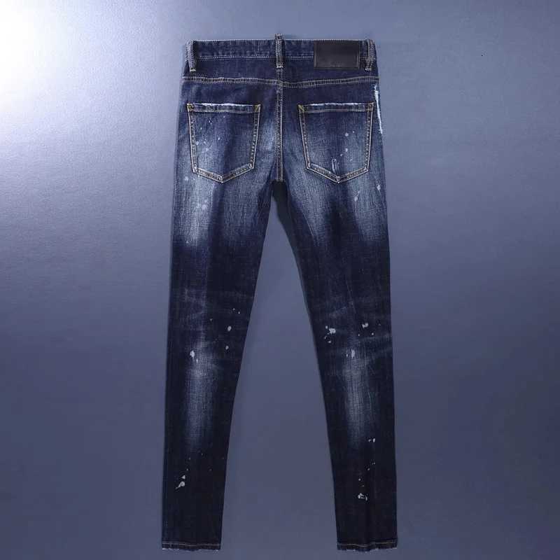 Fashionable mens deep blue jeans with scratches washed water nostalgic stretch slim fit painted jeans designer high street X250812