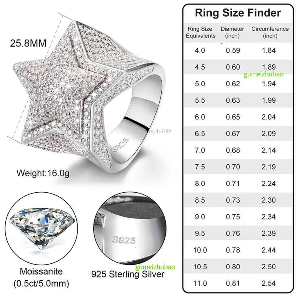 VVS Moissanite Dia Star Ring With GRA CertificateHiphop Men Women Fine Jewelry Iced Out Gold Plated Sterg Sier