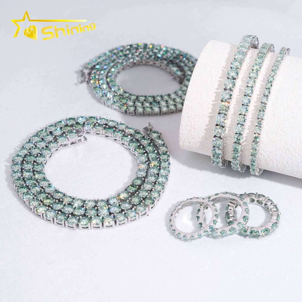 Hip Hop Iced Out Blue Green Color VVS Lab Moissanite Dia Sterling Sier 2MM 3MM 4MM Tennis Bracelet Chain Necklace