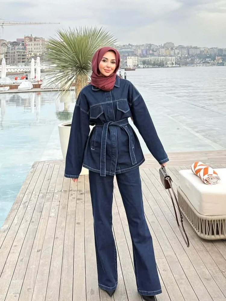 Retro Belt Denim Pants Set Women Lapel Pockets Long Sleeved Jacket Zipper Straight Leg Jeans 2025 Spring High Street Female Sets 250808