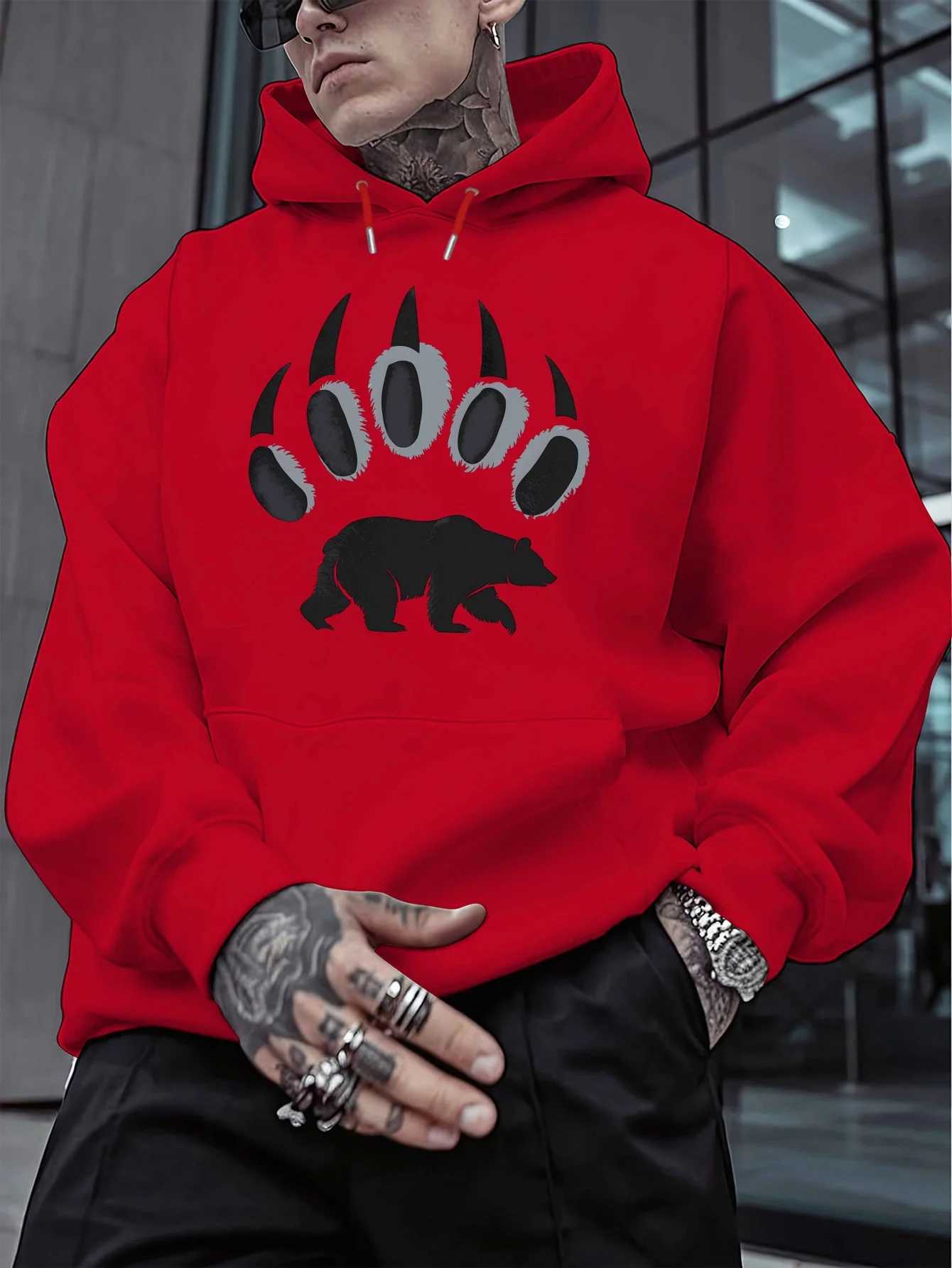 Mens Casual Hooded Sweatshirt with Bear Claw Print | Long Sleeve Regular Fit | Versatile Loose Hoodie for All Seasons Y250811