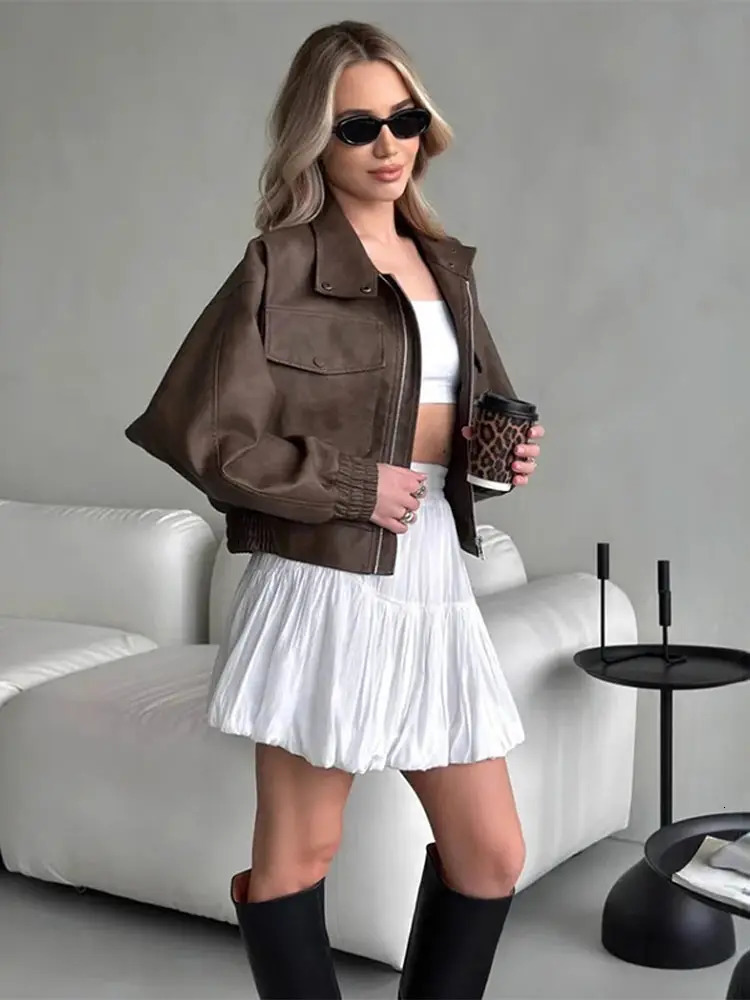 PU Leather Zipper Short Jacket Women Lapel Long Sleeve Loose Pocket Street Coat 2025 Autumn Motorcycle Female Bomber Outwear 250811
