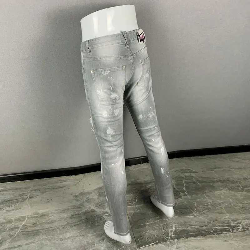 High Street Fashion Men Jeans Retro Gray Stretch Slim Fit Ripped Jeans Men Painted Designer Hip Hop Brand Denim Pants Hombre X250812