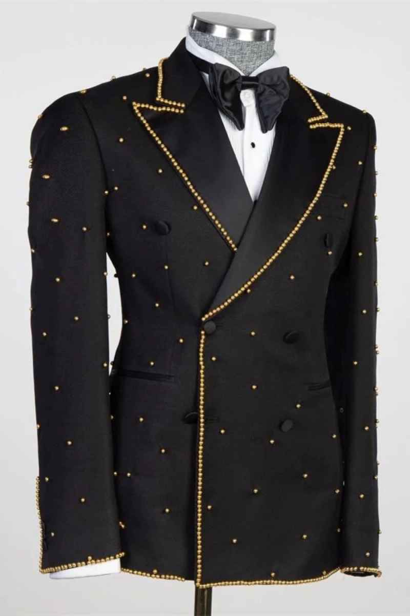Luxury Men Suits Pearls Blazer Peaked Lapel 2 Pieces Set Beads Party Double Breasted Groom Tuxedo Coat Customized Beaded Jackets+Pants