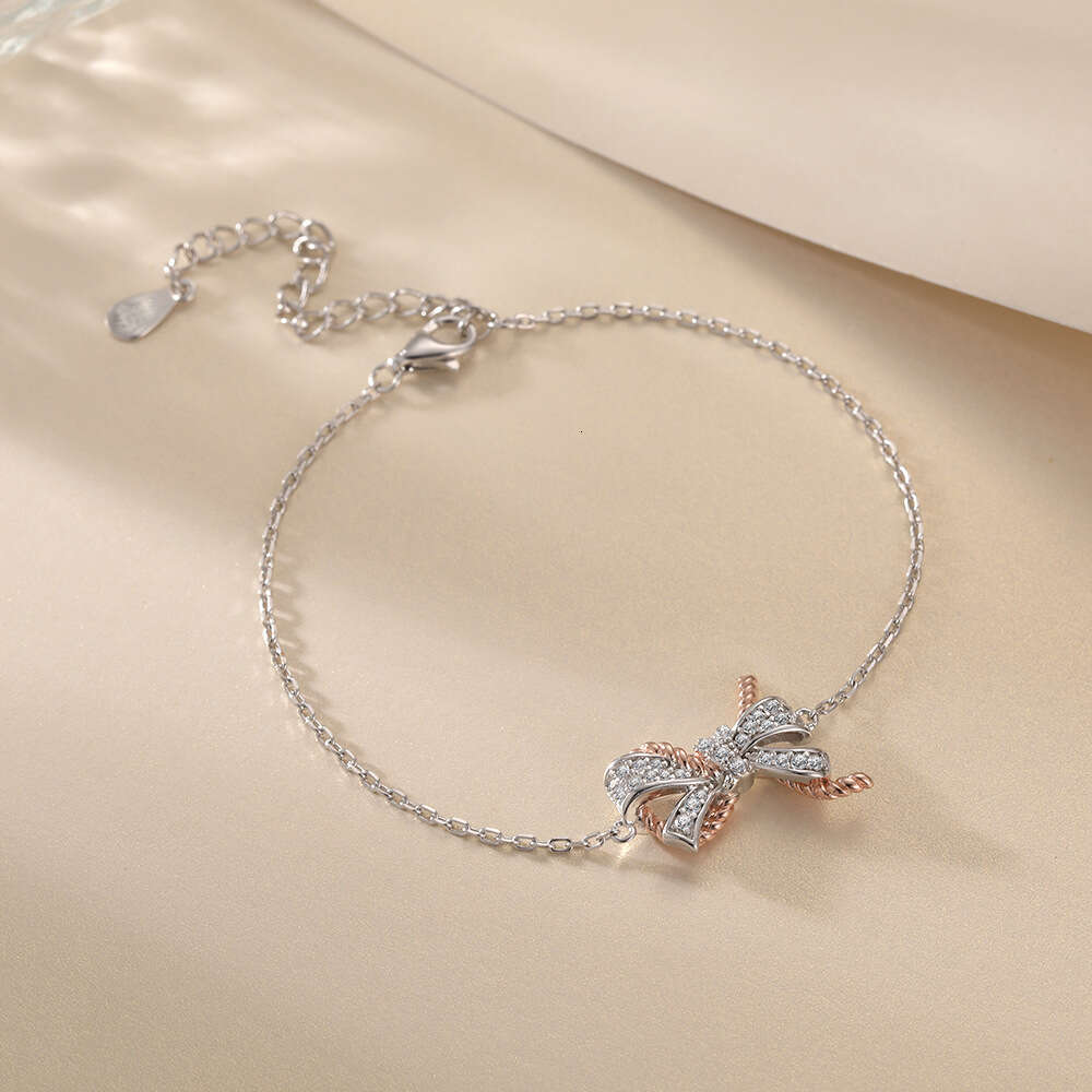 SKA 925 Sterling Silver Bow Bracelet - Elegant Zirconia Adjustable Chain for Women