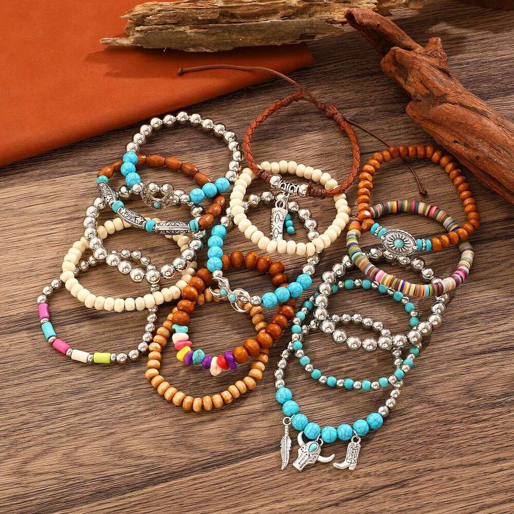 TEMU Bohemian Style Turquoise Wooden Bead Alloy Elastic Cord Men's Bracelet Women's Wristband