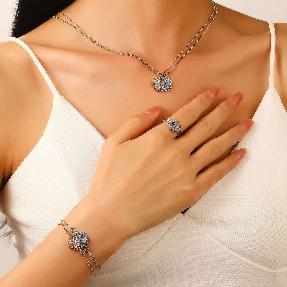 Ins Style Dia-Studded and Ring Bracelet Necklace Jewelry Set for Women Sun Moon Earrings Accessories