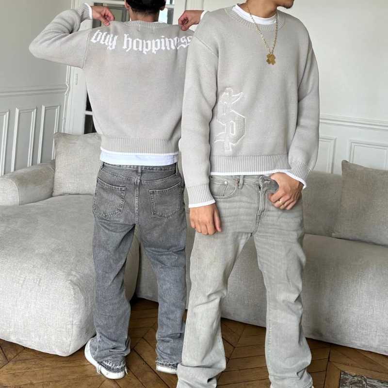 2K Gray Long Sleeve Sweater Dollar Gothic Embroidery Pullover Goth Retro Casual Streetwear Old Money Men Boxy Knitted Clothing X250812