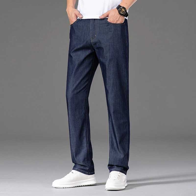 2024 Men Business Casual Light Blue Stretch Cotton Spring Summer Untr Thin Jeans Top Classic Style Denim Mens Trousers X250812