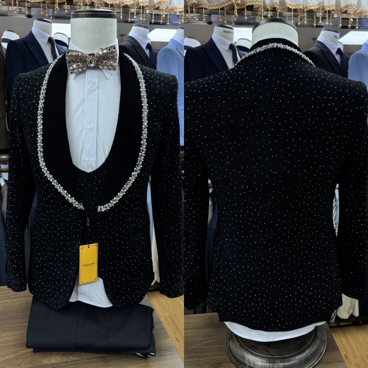 Handsome Men Suits Tailor-Made 2 Pieces Set Shawl Lapel Jacket Beading Rhinestone Velvet Blazer One Button Groom Customized Coat+Pants Plus Size