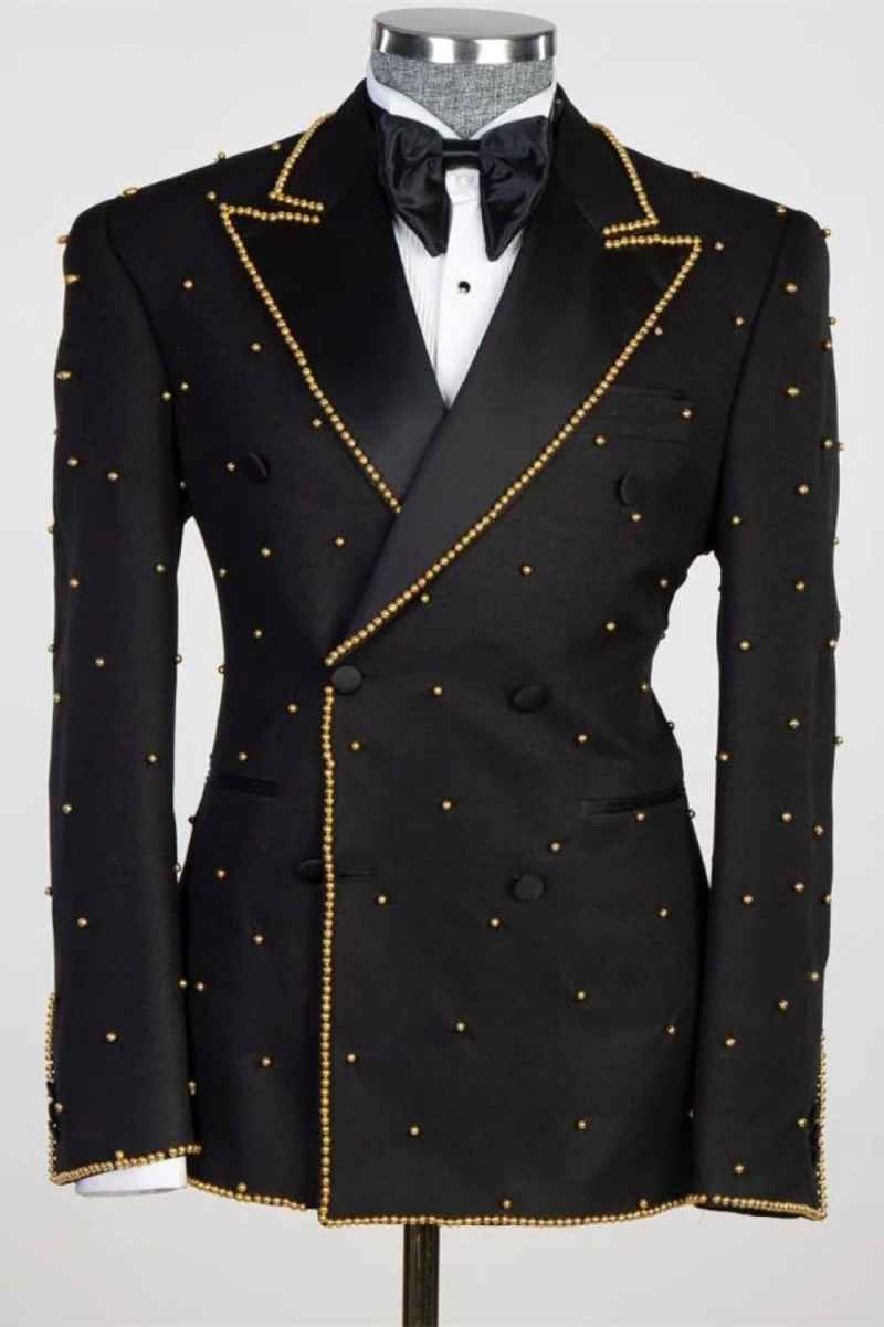 Luxury Men Suits Pearls Blazer Peaked Lapel 2 Pieces Set Beads Party Double Breasted Groom Tuxedo Coat Customized Beaded Jackets+Pants