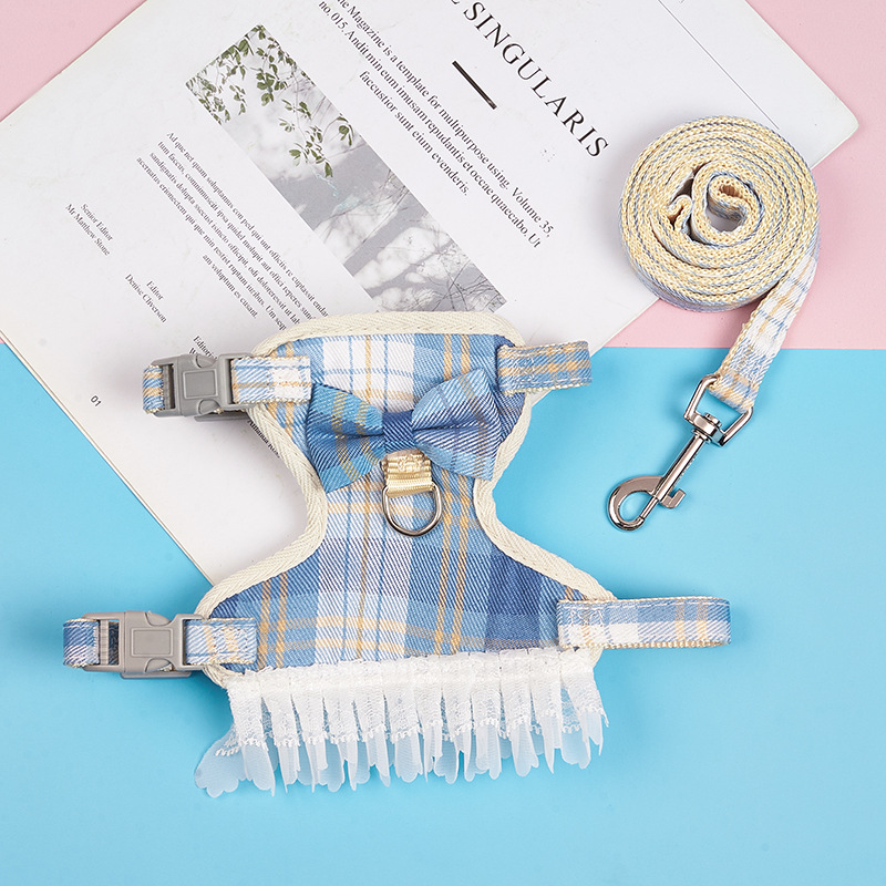 Classic Plaid Cute Dog Collar Harness Leash Set Adjustable Chihuahua Puppy Cat Harnesses Vest for Small Medium Dogs Cats Walking
