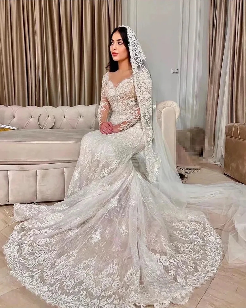 2025 New Arrival Mermaid Wedding Dress Lace Embroidery 2 in 1 V-Neck Full Sleeves Elegant Bride Dresses Vestido de novia