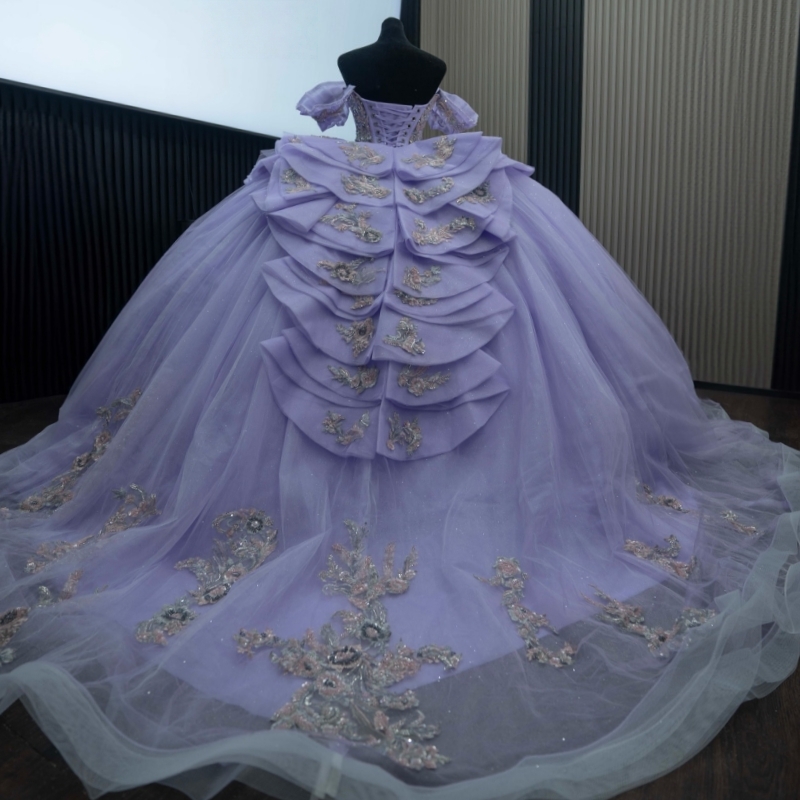 Lavender Shiny Quinceanera Dresses Off The Shoulder Applique Lace Beads Tull Party Birthday Ball Gown Vestidos De 15 Anos Sweet 16 Dress