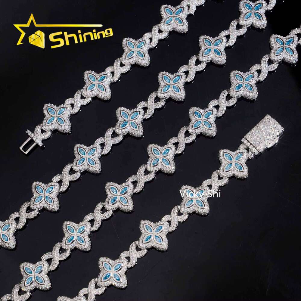 Popular Blue Color Clover Chain Fine Jewelry Custom Iced Out Sier Men Cuban Link Moissanite Necklace