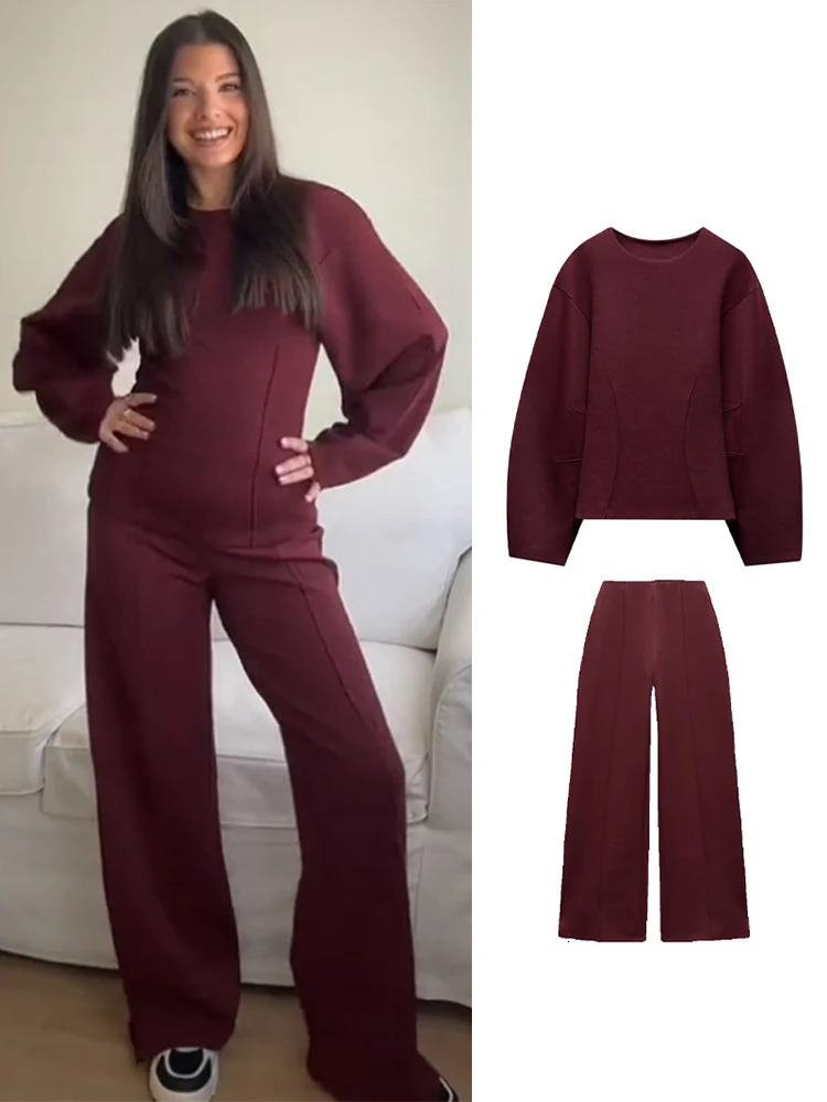 Women Pants Sets Elegant O-neck Long Sleeve Sweatshirt Elastic Waist Straight Pants Suit Spring Autumn Lady Sportwears 250805