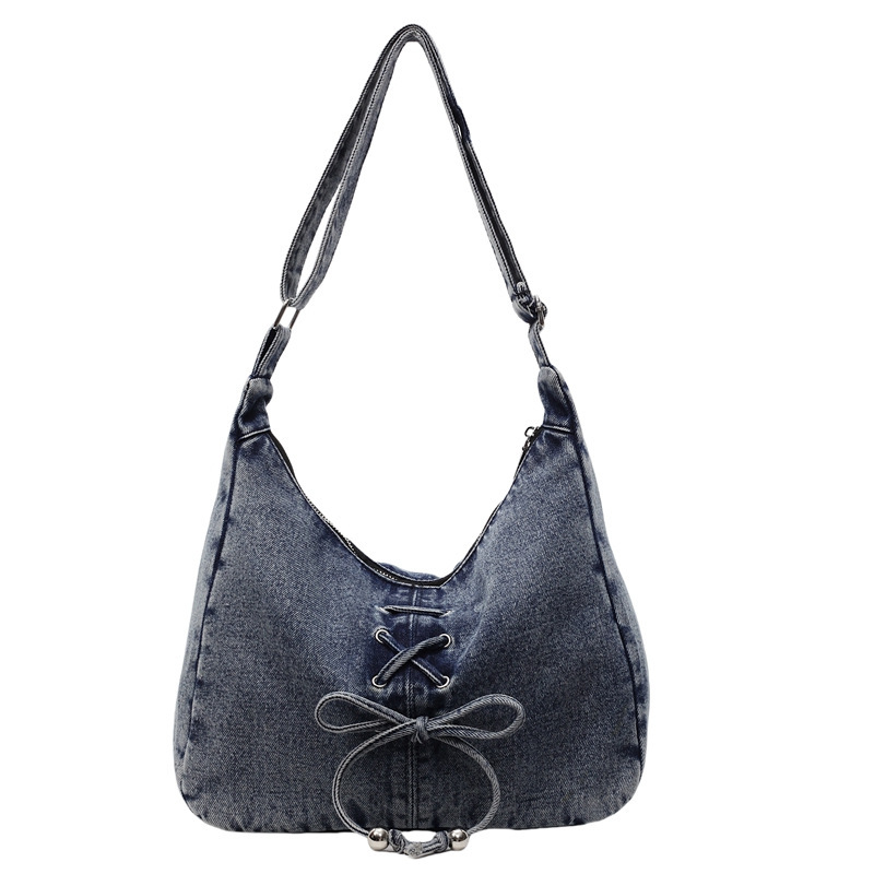 Hot Girl Tie Rope Bowknot Denim Handheld Underarm Single Shoulder Crescent Bag High-end Versatile