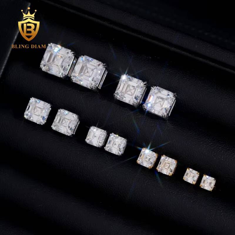 Hot Sale GRA Certificate 4mm-9mm Princess Square Cut Moissanite Diamond Earrings 925 Sterling Silver Hip Hop Stud Earrings Set