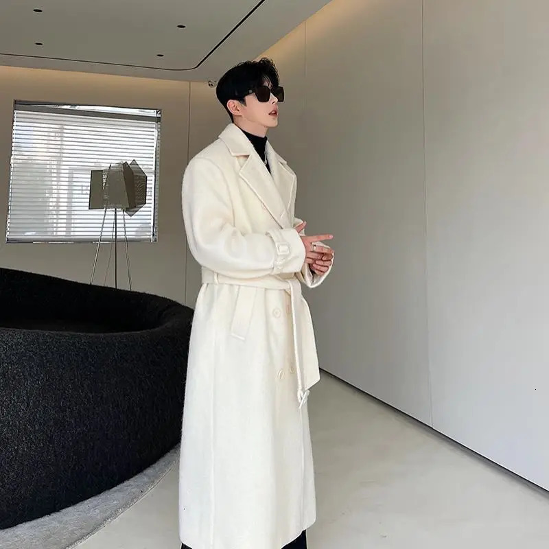 IEFB Korean Men Woolen Coat Casual Lapel Double Breasted Long Trench Solid Color Male Overcoat Belt Autumn Trend 9C2884 250805