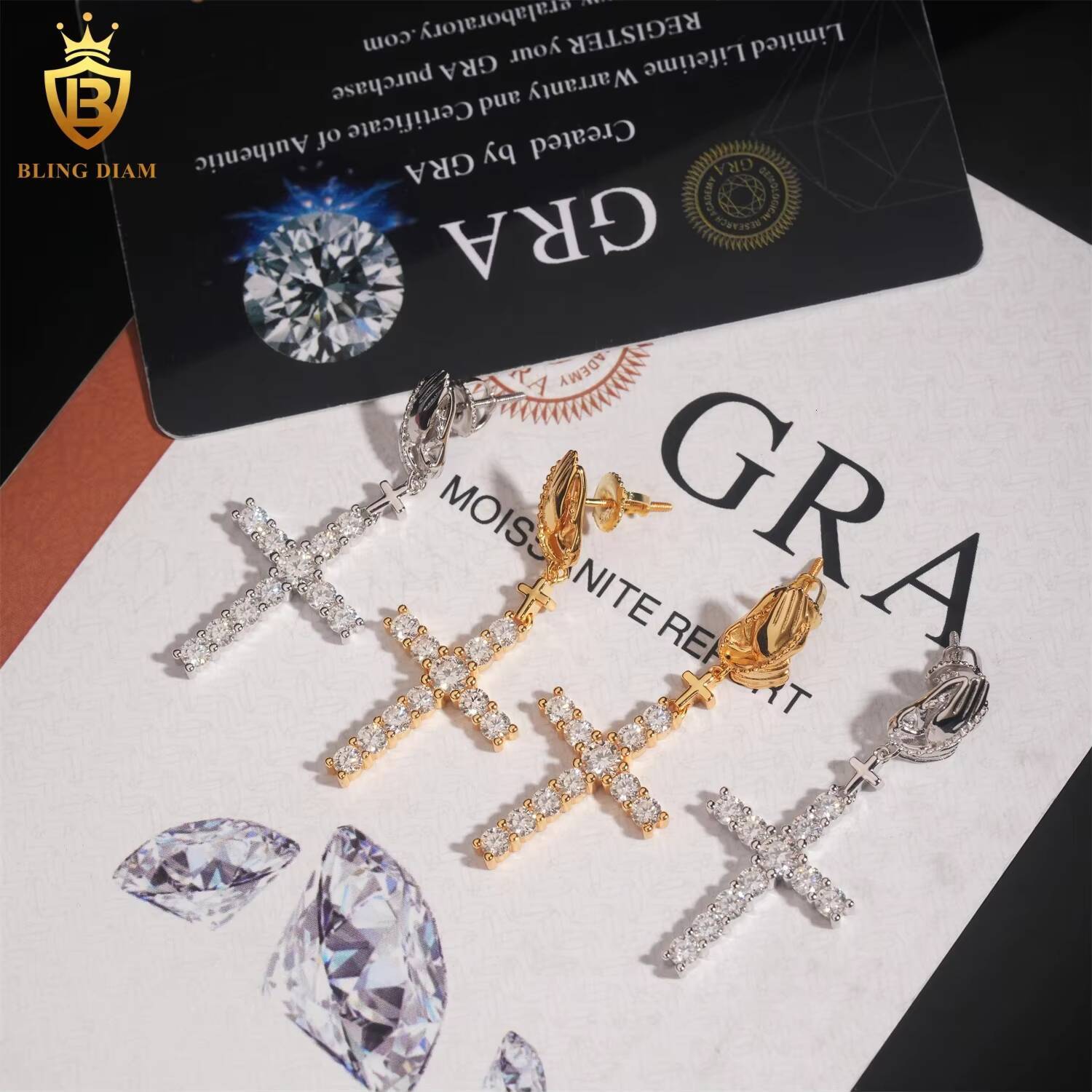 New Arrival Pass Diamond Tester VVS Moissanite 925 Sterling Silver Iced Out Cross Earrings