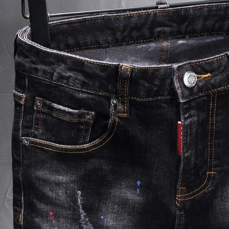 Street Fashion Men Jeans Retro Black Gray Stretch Slim Fit Painted Ripped Jeans Men Pocket Designer Vintage Denim Pants Hombre X250812