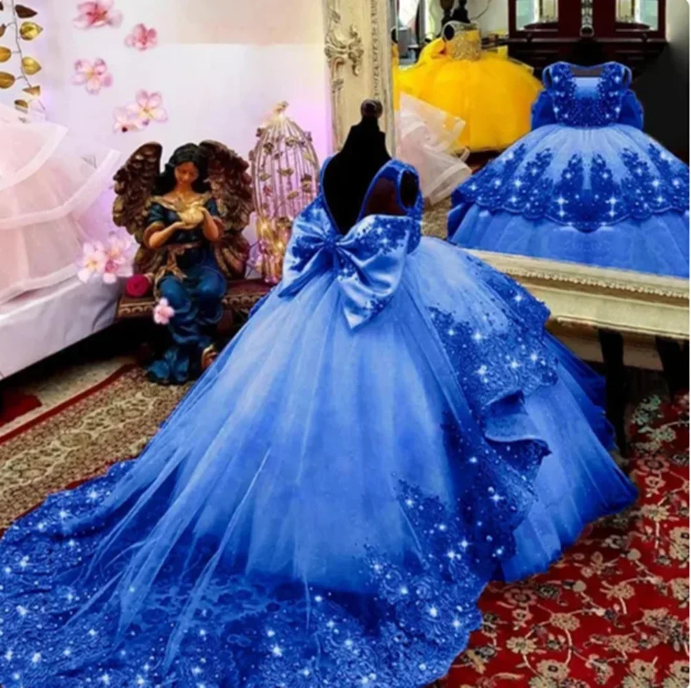 Customized Flower Girl Dress for Wedding Suspenders with Bow Satin Ball Gown Kids Birthday First Communion Party Dress 250811