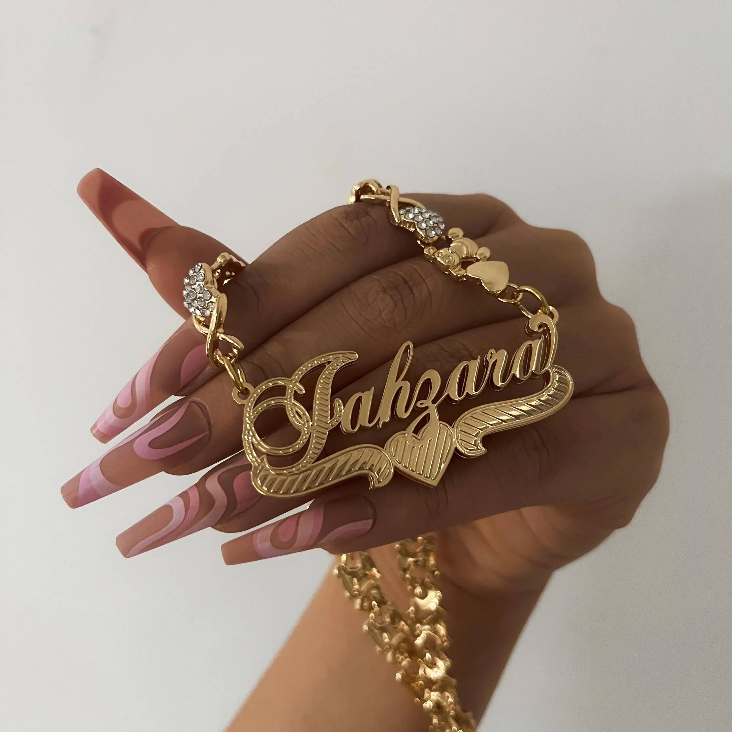 Teddy Bear Chain Name Necklace - Gold Plated Double Nameplate Custom Personalized Jewelry Gift for Women Kids & Teens