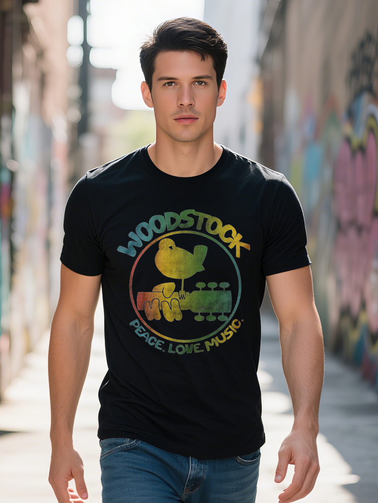 Cotton Men's Graphic T-Shirt Woodstock Love Music Retro Peace Sign Guitar Print Casual Round Neck Short