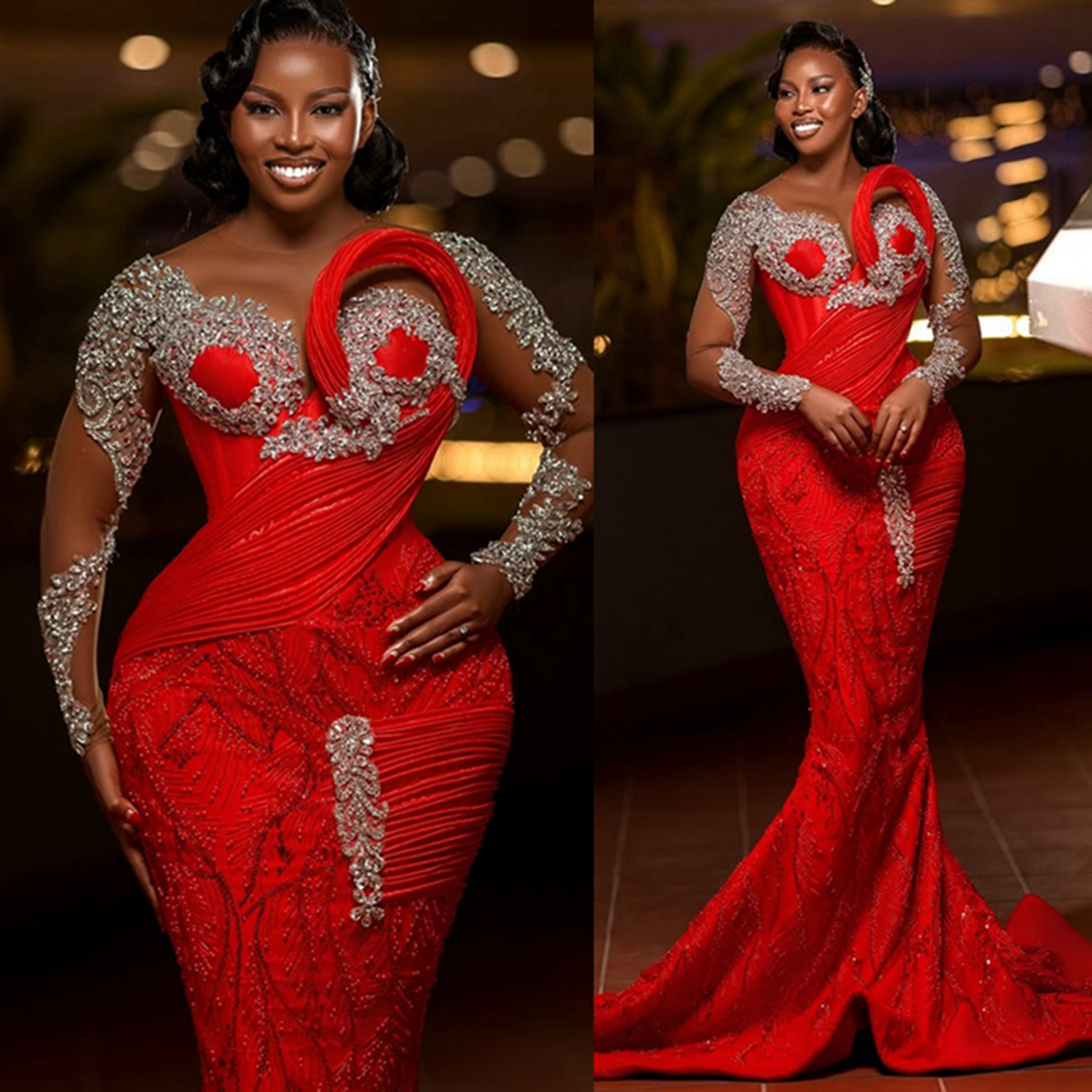 Mermaid Red Plus Size Prom Dress 2025 Evening Dresses For Special Occasions Sheer Neck Beaded Lace Illusion Long Sleeves Birthday Second Reception Gow