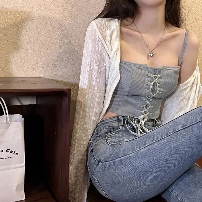 2024 White Tie Up Summer Cardigan Women Sexy Long Sleeve Sheer Mesh Crop Tops Woman Chic All Match Short Printed T Shirt Mujer 250801